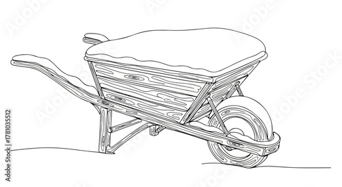 Wooden wheelbarrow covered in snow line art. Hand-drawn winter garden tool sketch. Monochrome contour drawing isolated on white