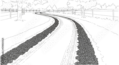 A snowy gravel driveway in a rural winter landscape. Hand-drawn black and white line art sketch. Country road with tire tracks in the snow