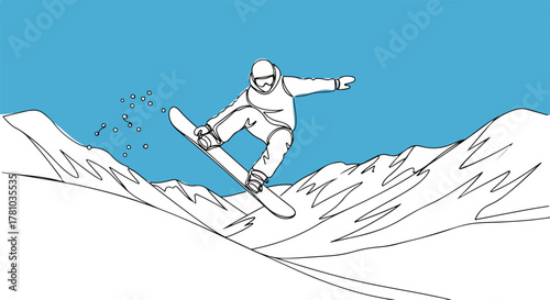 Snowboarder performing a mid-air trick. Continuous single line art drawing of an extreme winter sport. Minimalist graphic of a rider on a snowy mountain