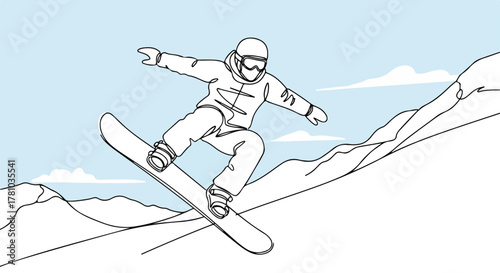 A snowboarder in mid-air during a jump. Continuous one-line art drawing. Extreme winter sports concept on a mountain slope.