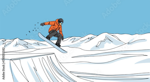 Snowboarder executing a jump trick in the mountains. Winter extreme sports line art with flat color. Freestyle snowboarding action graphic
