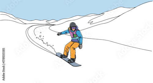 Continuous line art of a snowboarder riding down a snowy mountain. Winter extreme sport concept. Minimalist action graphic isolated on a white background