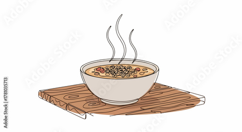 Steaming bowl of barley soup in a one-line art style. Minimalist drawing of a warm meal on a wooden board. Healthy comfort food graphic for a winter menu