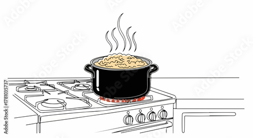 A steaming pot of porridge cooking on a gas stove. Simple line art vector illustration. Kitchen and comfort food concept