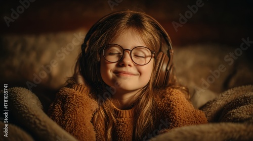 Wallpaper Mural Young girl happily enjoying music while relaxing at home during a cozy evening Torontodigital.ca