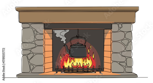Stone fireplace with a burning fire and an iron kettle. A cozy and warm home interior drawing for winter. Simple cartoon graphic
