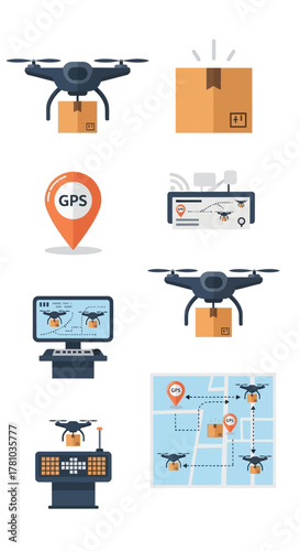 Flat design drone delivery service icons set featuring quadcopters, packages, GPS pins, tracking, and route maps.