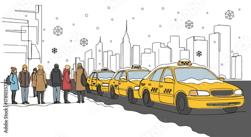 A line of people waiting for yellow taxi cabs in a snowy city. Winter in New York City scene. Urban transportation and cityscape line art graphic