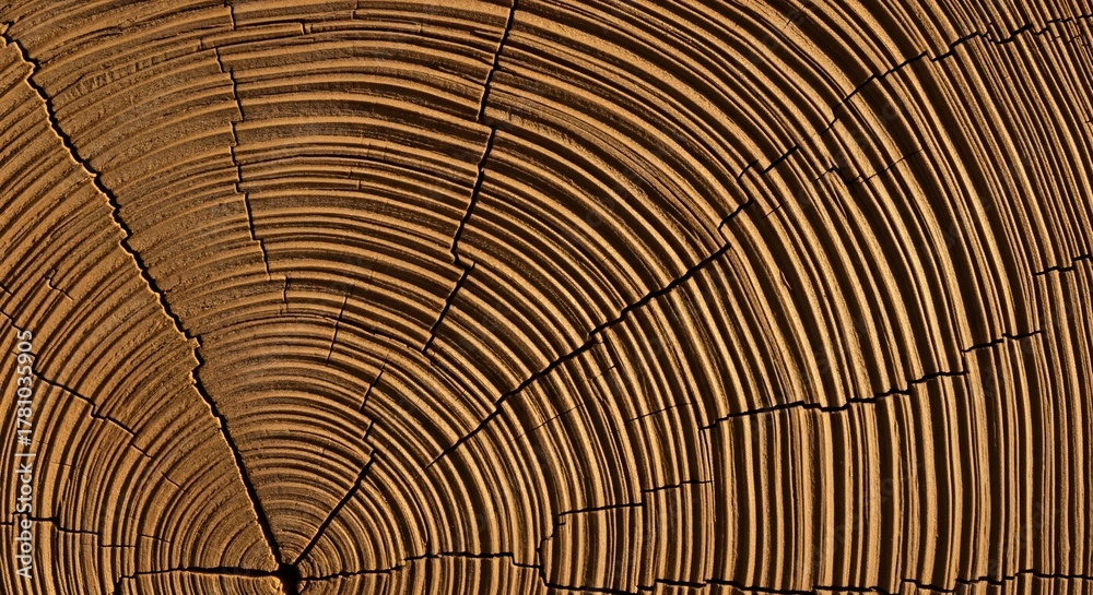 Fototapeta premium A wood crosssection reveals concentric growth rings and radial splits