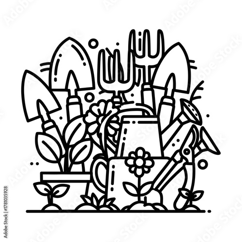 Gardening Tools and Plants Black and White Line Art Illustration.