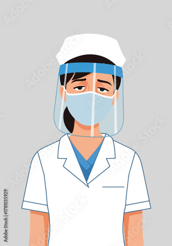 Portrait of a tired nurse with a face shield and mask. Frontline worker exhaustion and burnout concept. Medical professional character design.