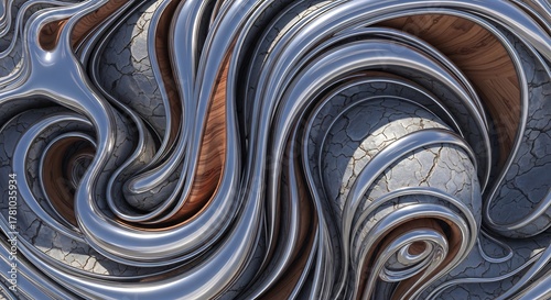 Fototapeta Naklejka Na Ścianę i Meble -  Abstract art Swirling polished metal cracked grey surfaces wood textures creating a fluid complex 3D pattern