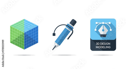 Graphic design elements - 3D cube, pen tool, and 3D design modeling icon.