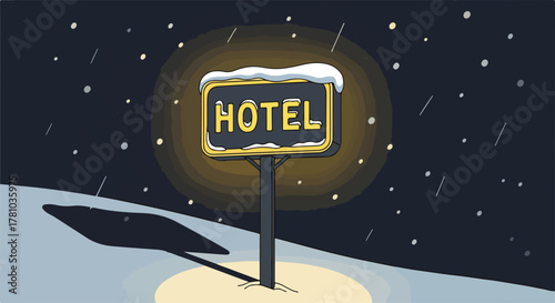 An illuminated retro hotel sign on a snowy winter night. Cartoon graphic of a roadside motel in a snowstorm. Warm glowing light in a cold landscape