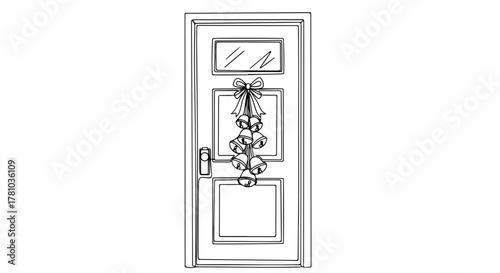 A front door with Christmas jingle bells decoration. Holiday line art drawing. Simple festive outline isolated on a white background