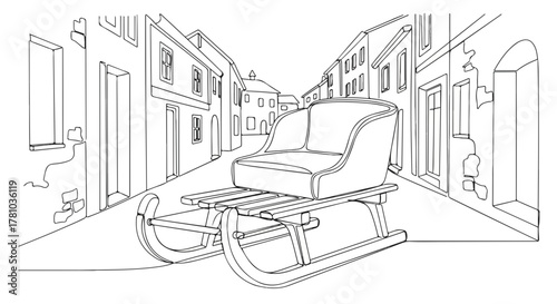 A traditional wooden sled in an old village alley. Continuous one-line art drawing. Winter and Christmas holiday concept