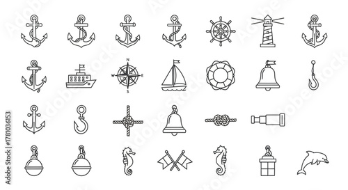 Hand-drawn Nautical Marine Symbols Collection - Doodle Style Line Art Icons Set.