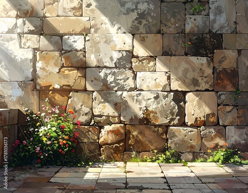 Artistic depiction of a weathered stone wall with sunshine and colorful plants