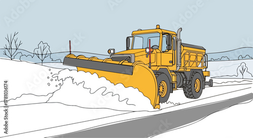 A yellow snowplow clearing a snowy road in winter. Heavy-duty truck for road maintenance and snow removal. Flat design graphic art.