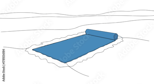 Yoga mat unrolling in a snowy field. Minimalist line art for winter wellness concepts. Outdoor fitness and mindfulness graphic