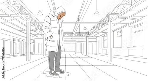 A young man in a winter puffy coat standing in a large industrial space. Melting snow concept with a puddle on the floor. Modern line art drawing with selective color