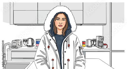 Young woman wearing a heavy winter parka in a modern kitchen. Hand-drawn cartoon character drawing. Cold weather and indoor lifestyle concept