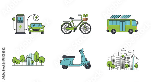 Light Blue Scooter with Black Tires and Seat, Side View, Outline Style.