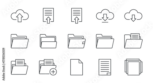 Minimalist black outline icon set for file, folder, document, and cloud data transfer.