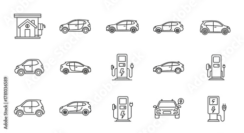Minimalist line art icons of electric vehicles and charging stations, representing sustainable transport.