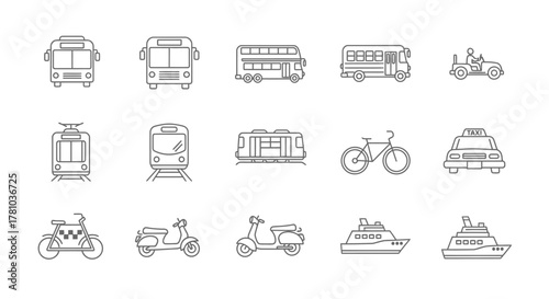 Outlined Transportation Icons - Buses, Trains, Bikes, Scooters, Boats, and Taxis.