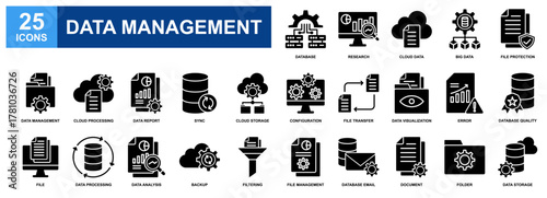 Data Management icon set collection. Containing design Big Data, File Protection, File Transfer, Data Report, Data Storage