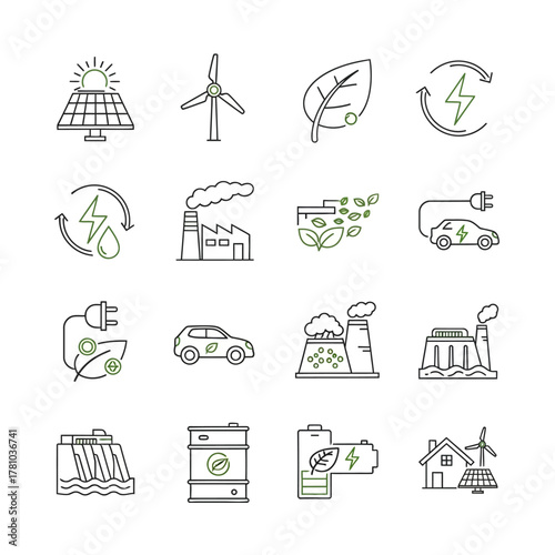 Outline vector icons for renewable energy, sustainability, and eco-friendly technology concepts.