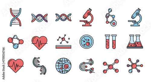 Science and Medical Icons - DNA, Microscope, Heartbeat, Molecule, Test Tubes, Globe.