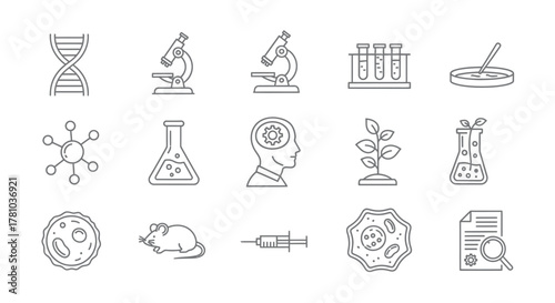 Set of hand-drawn science and biology icons in a doodle sketch style, including DNA, microscope, and lab equipment.