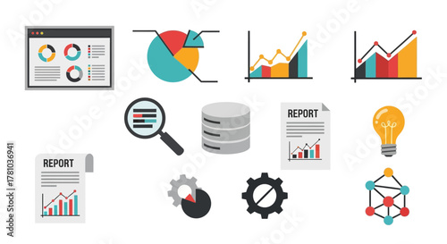 Set of modern flat design business icons for data analysis, including charts, graphs, reports, databases, and analytics symbols.
