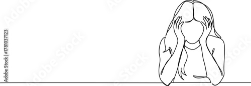 continuous line drawing of worried young woman, face buried in hands, line art vector illustration