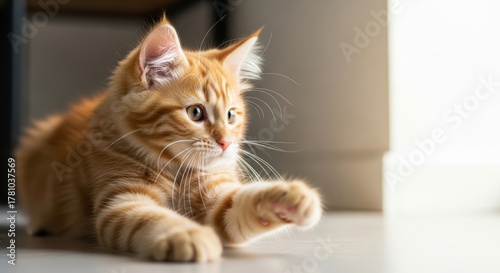 Wallpaper Mural Playful orange tabby cat stretching on a light floor, with soft natural light illuminating its fur, showcasing a moment of curiosity and engagement in a cozy indoor environment Torontodigital.ca