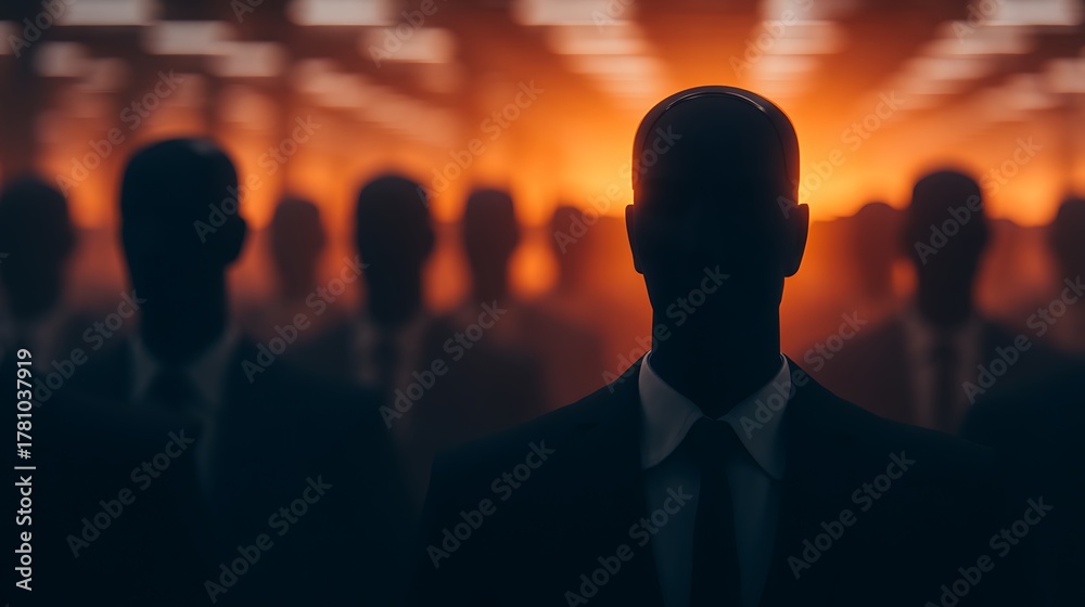 © Tanakrit - A shadowy figure stands in front of a crowd of faceless silhouettes, illuminated by an orange glow, creating a mysterious and eerie atmosphere.