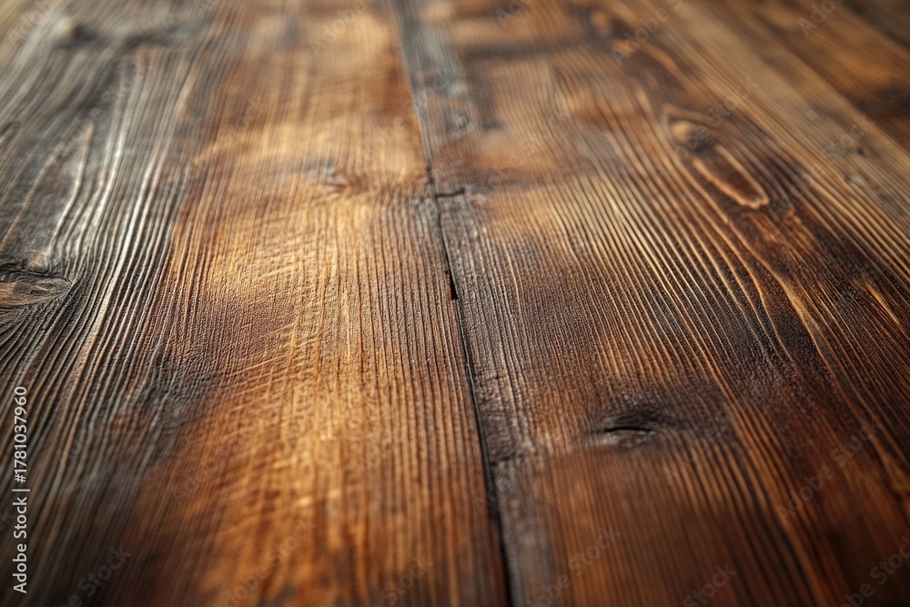 Fototapeta premium A textured dark wood surface displaying natural grain, knots, and warm tones, evoking a rustic, vintage feel.