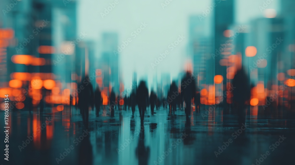 Obraz premium A blurred cityscape with silhouettes of people walking, illuminated by warm orange lights against a cool blue backdrop, creating a moody urban atmosphere.