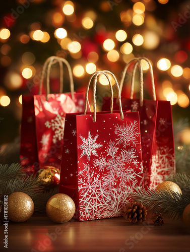 Close-up of glossy red Christmas shopping bags with white snowflake designs, surrounded by golden ornaments and pine branches, glowing holiday lights in the background, warm cozy mood, high contrast p
