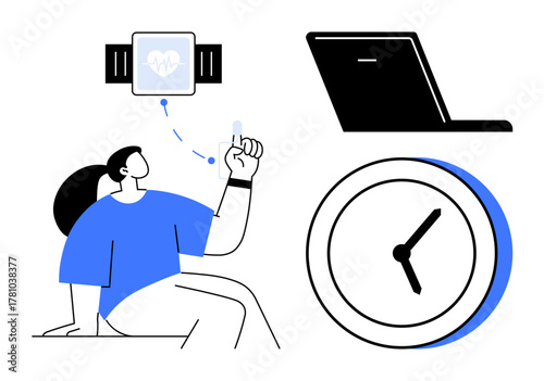 Woman sitting, checking health data from a smartwatch displayed on a laptop. Clock symbolizes time management. Ideal for health tracking, fitness, technology, productivity, medical care, time