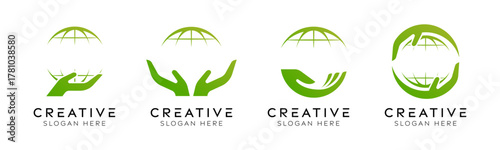 Set of caring for the earth logo design templates. Modern isolated globe with hand design for recycling, environment and recovery.