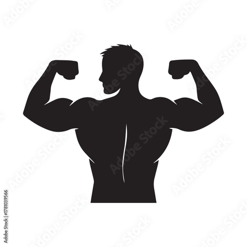Strong man flexing muscles silhouette