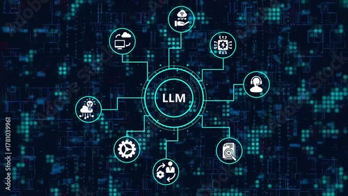 The concept of llm, large language model, generative ai, artificial intelligence the acronym llm in the middle of a network of icons on a blue background