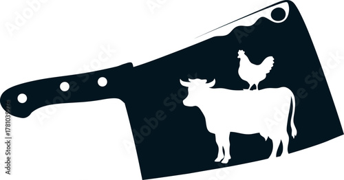 Butcher Cleaver Knife Logo with Cow and Chicken Silhouette Vector