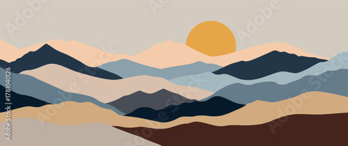 Abstract mountain landscape with layered hills, neutral tone sunrise scene, minimalist nature background for modern wall art