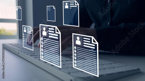 Protecting herself from cyber attacks. Documents confidentiality,cyber security protection concept. Software for security, searching and managing corporate document and employee information.	
