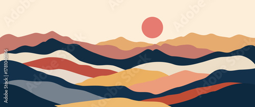 Abstract mountain landscape with layered hills and a warm tone sunset scene, minimalist nature background for wall art and design