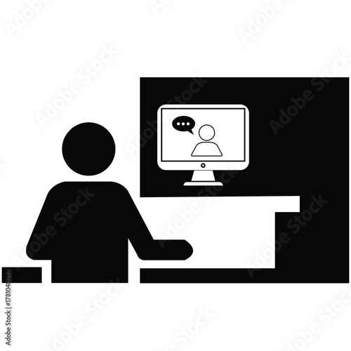 Silhouette of a person at a desk engaging in an online video call or teleconference on a desktop computer monitor.